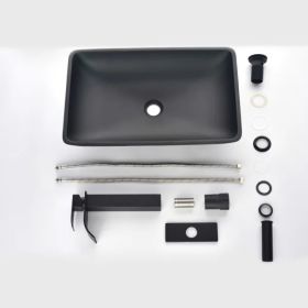 14.38" L -22.25" W -4.38" H Matte Shell Glass Rectangular Vessel Bathroom Sink in Black with Faucet and Pop-Up Drain in Matte Black (Option: As picture)