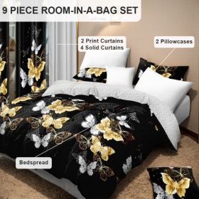 9-Piece Black & Gold Butterfly Bedding & Curtain Set (Queen/King/Cal King) - Quilted Microfiber Bedspread + Sheer Curtains (Option: black/gold butterfly-KING)