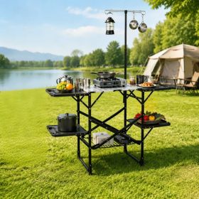 Foldaway Outdoor Cooking Table with Detachable Lamp Holder 4 Fold Side Trays Mesh Storage Shelf, Cross Brace Support Max 154lbs Weight Capacity B (Option: Black)