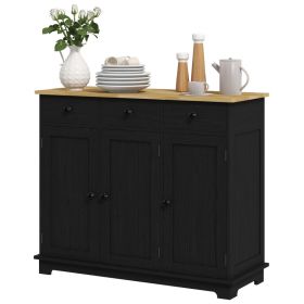 Kitchen Storage Cabinet, Sideboard Floor Cupboard with Solid Wood Top, Adjustable Shelf, and 3 Drawers, Black Wood Grain (Option: Black Wood Grain-1175x495x185 mm)