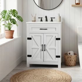 Washed white particleboard with melamine veneer, barn double door with U-shaped internal shelves, washbasin cabinet, 76*47*91cm (30 inches) (Option: default title)