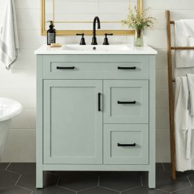 [Video] 30" Sage Green Bathroom Vanity with Ceramic Sink, Solid Wood Frame, 2 Soft-Close Drawers, 1 Soft-Close Door, Adjustable Shelf and Black H (Option: Sage Green)