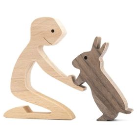 DIY Figurine Wood Dog Ornament Sculpture Home Decoration A Man A Dog Wood Sculpture Christmas Gifts Model Decor (Option: V)