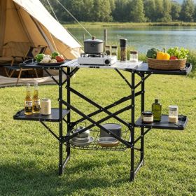 Outdoor Camp Cooking Prep Station Reinforced Aluminum Alloy Cross Brace Frame, Side Shelves Under Mesh Storage Anti-Wobble Flat Fold Design for P (Option: Black)