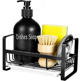 Stainless Steel Kitchen Sink Caddy Sponge Holder With Brush And Soap Storage, Countertop Organizer Rack With Adhesive Mount (Option: Black)
