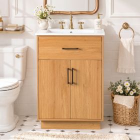 [Viedo]24-Inch Bathroom Vanity with Ceramic Sink, Modern Traditional Bathroom Cabinet with Practical Storage, 2 Doors, Adjustable Shelf, Flip Dra (Option: Wood)