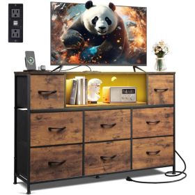 Dresser TV Stand For 45, 50, 55 Inch TV, Entertainment Center With LED Lights & Charging Station, Chest Of Drawers With 8 Fabric Drawers And Open (Option: Brown)