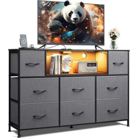 Dresser TV Stand For 45, 50, 55 Inch TV, Entertainment Center With LED Lights & Charging Station, Chest Of Drawers With 8 Fabric Drawers And Open (Option: Grey)