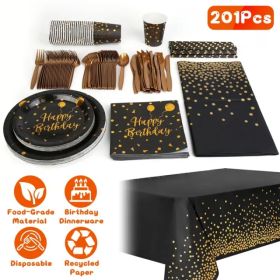 201PCS Black Gold Birthday Party Supplies For 25 Guests Happy Birthday Disposable Dinnerware Set Paper Plates 9OZ Cups Straws Napkins Forks Knive (Option: As picture)