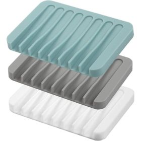 Silicone Soap Dishes 3 PACK, Self Draining Waterfall Soap Saver Holders For Bathroom, Kitchen And Shower, White Gray Teal (Option: MULTI)