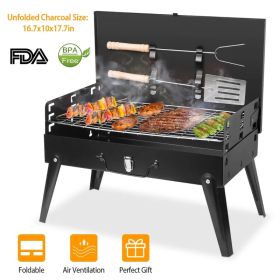 16.7x10x17.7in Portable Charcoal Grill Foldable BBQ Suitcase Grill Shelf For Outdoor Camping Picnics Garden Grilling (Option: Black)