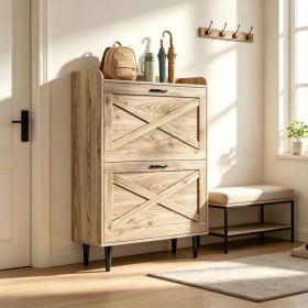 2-Drawer Barn Door Shoe Cabinet with Side Panel Countertop Melamine Board Embossed MDF Shoe Cabinet 31.61*9.45*39.37in Grey Oak (Option: default title)