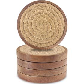 5 Pack 4 Inch Wood Drink Coasters Absorbent Woven Coaster Set For Coffee Table Farmhouse Home Decor And Housewarming Gift (Option: Brown)