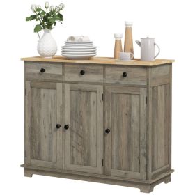 Kitchen Storage Cabinet, Sideboard Floor Cupboard with Solid Wood Top, Adjustable Shelf, and 3 Drawers, Distressed Gray (Option: Distressed Gray-480x190x1147 mm)