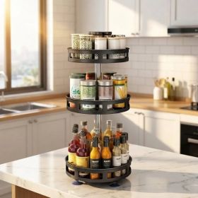 3-Tier Rotating Spice Rack Organizer – Carbon Steel 360° Metal Turntable, Multifunctional Kitchen Seasoning & Condiment Storage Rack, Space-Savin (Option: Black)