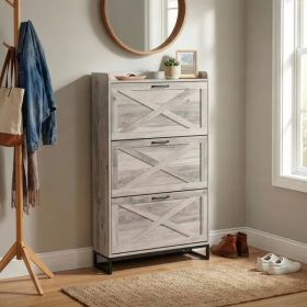 Barn Door Three-drawer Cabinet With Top Panel, Shoe Cabinet, Particleboard, 80x24x145cm, Washed Gray Finish (Option: defaulttitle)