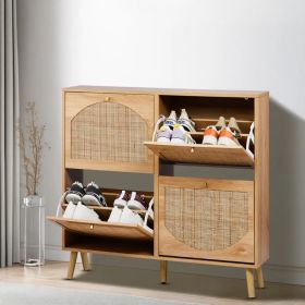 2 Rows Of 4 Dump Buckets With High Feet Arched Rattan Surface Shoe Cabinet Density Board With Triamine 105X24X98cm Original Wood Color (Option: defaulttitle)
