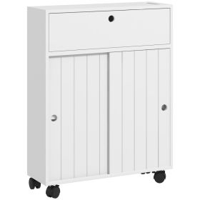 Toilet Paper Cabinet, Slim Bathroom Cabinet with 4 Rolling Wheels, Small Bathroom Storage Cabinet with Paper Holes, Sliding Doors and Adjustable (Option: White-730x425x135 mm)
