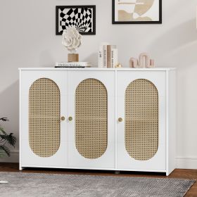 Retro 3-Door Sideboard with Large Storage Space Artificial Rattan Doors and Metal Handles,Accent Cabinet for Living Room and Hallway (Color: White, Material: Particle Board+MDF)