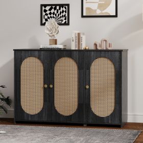 Retro 3-Door Sideboard with Large Storage Space Artificial Rattan Doors and Metal Handles,Accent Cabinet for Living Room and Hallway (Color: Antique Black, Material: Particle Board+MDF)