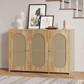 Retro 3-Door Sideboard with Large Storage Space Artificial Rattan Doors and Metal Handles,Accent Cabinet for Living Room and Hallway (Color: Natural Wood, Material: Particle Board+MDF)