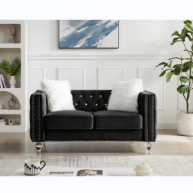 Black, Two-seater Sofa, Velvet Crystal Buckle Upholstery Sofa, Crystal Feet, Removable Cushion, Two Plush Pillow (Option: 10877674)