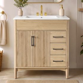 [Viedo]30-Inch Bathroom Vanity with Ceramic Sink, Modern Traditional Freestanding Bathroom Cabinet with 2 Doors & 3 Drawers, Adjustable U-Shaped (Option: Wood)