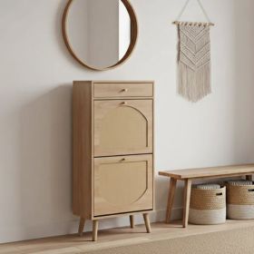 Rattan-covered Shoe Cabinet With 1 Drawer And 2 Flip-top Drawers, Made Of Particleboard, 54*24*110cm, Natural Wood Color (Option: defaulttitle)
