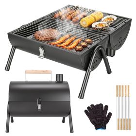 Portable Charcoal Grill Foldable BBQ Grill With Double-Sided Cooking Design, Chimney Vent, 10 Stainless Steel Skewers Carry Handle Outdoor Barbec (Option: Black)