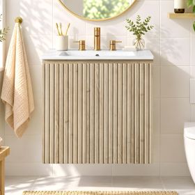 [Video] 24-Inch Wall-Mounted Bathroom Vanity with Ceramic Sink, 2-Door Cabinet, U-Shaped Adjustable Shelf, Soft-Close Hinges, Hidden Handles, and (Option: Wood)
