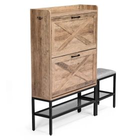 Barn door style shoe cabinet with 2 flip-down compartments, baffle, wire mesh, metal legs with soft pads, and 1 hook. Particleboard construction, (Option: default title)