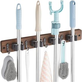 Wood Mop And Broom Holder Wall Mount, 4 Slots And 4 Hooks, Rustic Tool Rack For Garage, Closet, Laundry Room And Kitchen (Option: MULTI)
