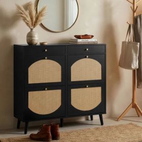 Rattan Shoe Cabinet With 2 Drawers And 4 Flip-tops, Made Of Particleboard, 105*24*110cm, Black (Option: defaulttitle)