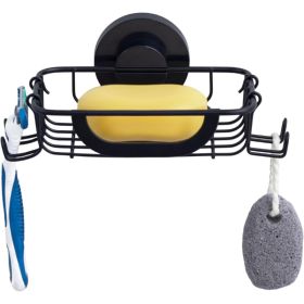 Stainless Steel Soap Holder With Suction Cup & Hooks, Black Wall-Mounted Soap Dish For Bathroom & Shower (Option: Black)