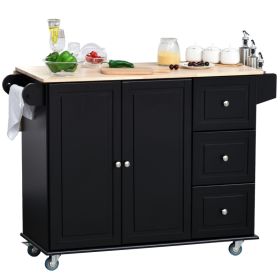 Mobile Kitchen Island with Drop Leaf, Storage Trolley Cart on Wheels, Towel/Spice Rack, 3 Drawers, 2-Door Cabinet, Black (Option: Black-605x200x1265 mm)