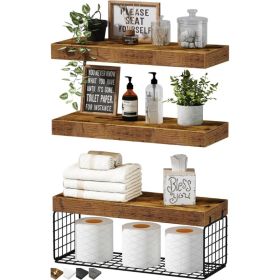 3PCS Over Toilet Bathroom Shelves, 15.7 Wall-Mounted Storage Organizer, Brown Floating Shelves For Home Decor (Option: Brown)