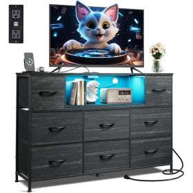 Dresser TV Stand For 45, 50, 55 Inch TV, Entertainment Center With LED Lights & Charging Station, Chest Of Drawers With 8 Fabric Drawers And Open (Option: BlackWood)